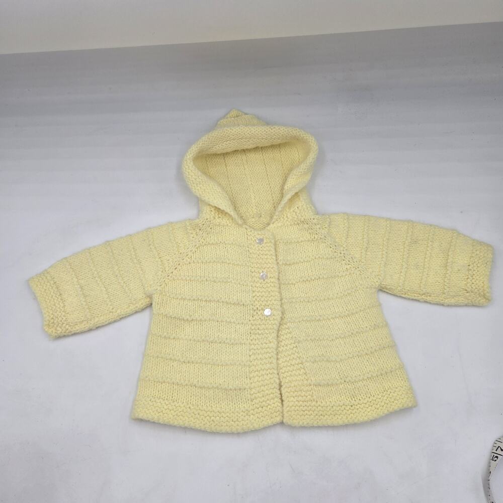 Vtg Handmade Knit Cardigan Baby 3-6 Month Yellow Hooded Mother Of Pearl Buttons